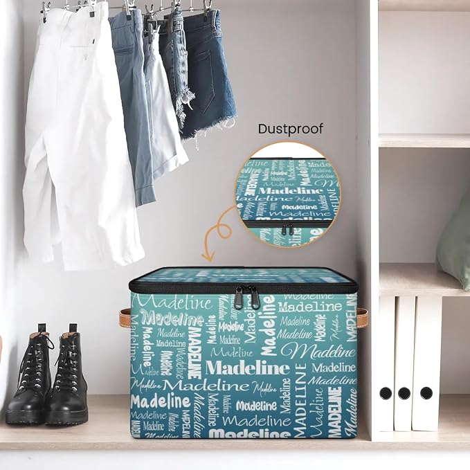 Custom Storage Basket with Name, Personalized Keepsake Box with Zipper Lid, Foldable Fabric Memory Bin Large capacity with Handle Gradient Grey Green