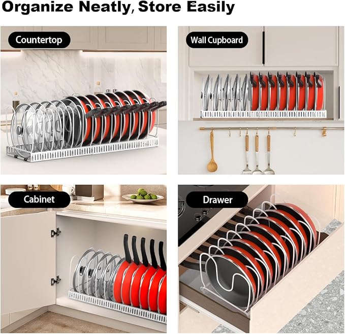Housolution 2 Pack Pot and Pan Organizer, 12"-23" Expandable Pot Lid Organizer with 14 Adjustable Dividers, Pan Lid Holder Storage Rack for Cabinet, White
