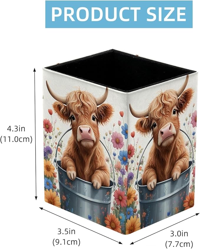 Pen Holder for Desk, Highland Cow Floral Pencil Holder, Pen Cup Functional Desk Organizer for Office Supplies