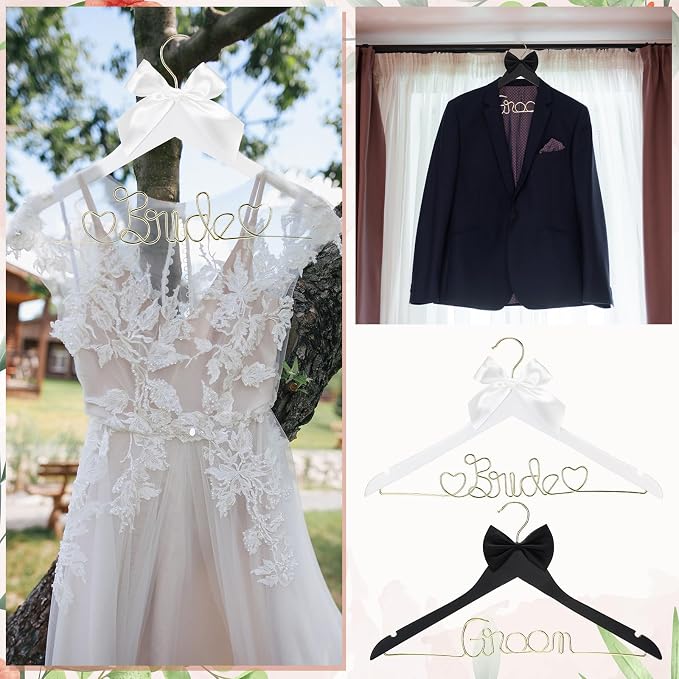 Beeveer 2 Pcs Wire Bride Hanger and Groom Wedding Wooden Hanger with Letter and Bow Tie for Tuxedo Suit Bridesmaid Bridal Wedding Gift Bridal Party Shower