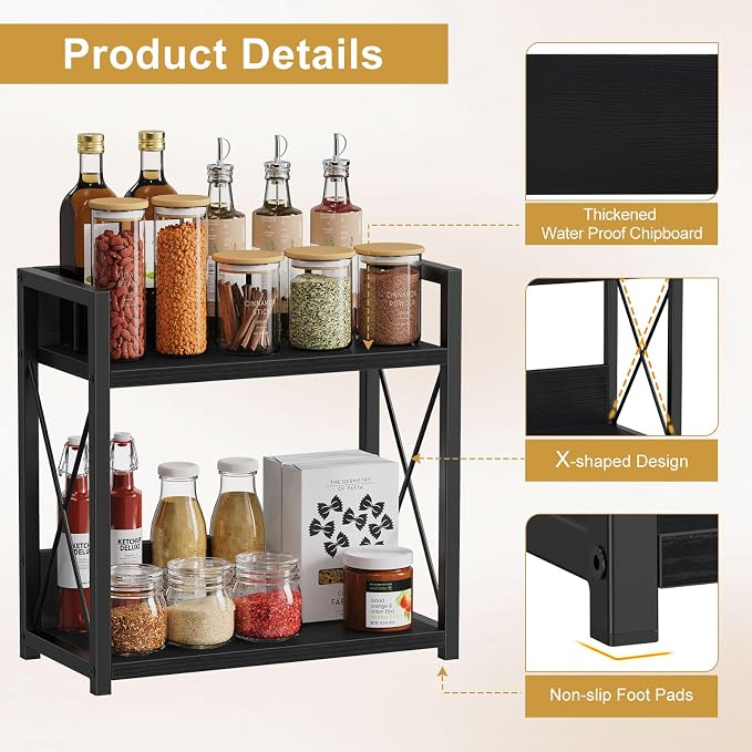 Giikin Kitchen Countertop Organizer, 2 Tier Coffee Bar Organizer, Black Spice Rack for Counter, Kitchen Counter Shelves, Particleboard, Large Size (15.8" L x 7.9" W x 15.8" H), Black