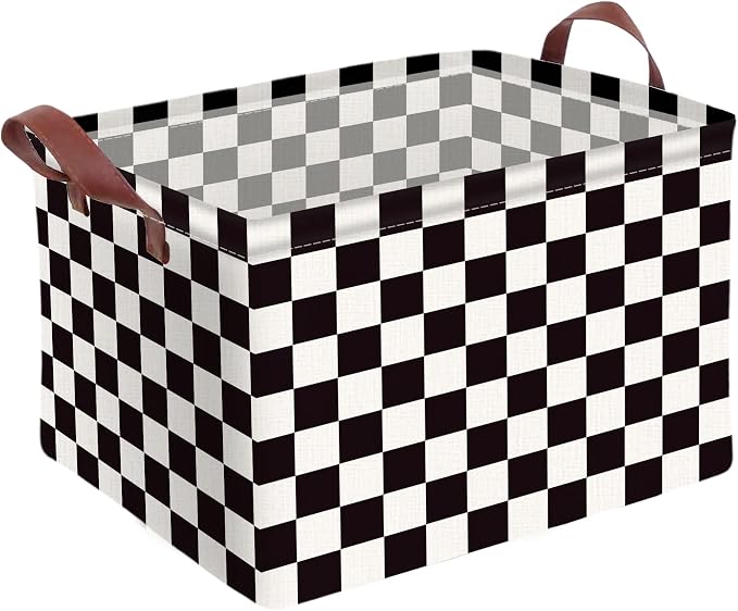 Checkered Storage Basket Waterproof Canvas Toy Storage Bin Race Car Room Decor Collapsible Outdoor Basket with Leather Handles Checkered Decor Car Blanket Baskets For Closets,Bedrooms,Gifts Baskets