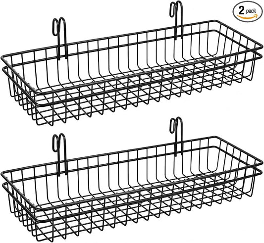 ANZOME Grid Wall Baskets, 2 Pack Black Hanging Wire Basket Shelves for Kitchen Pantry Wall Storage, Metal Mesh Organizer with Hooks for Fruits, Spices, Plants and Small Supplies