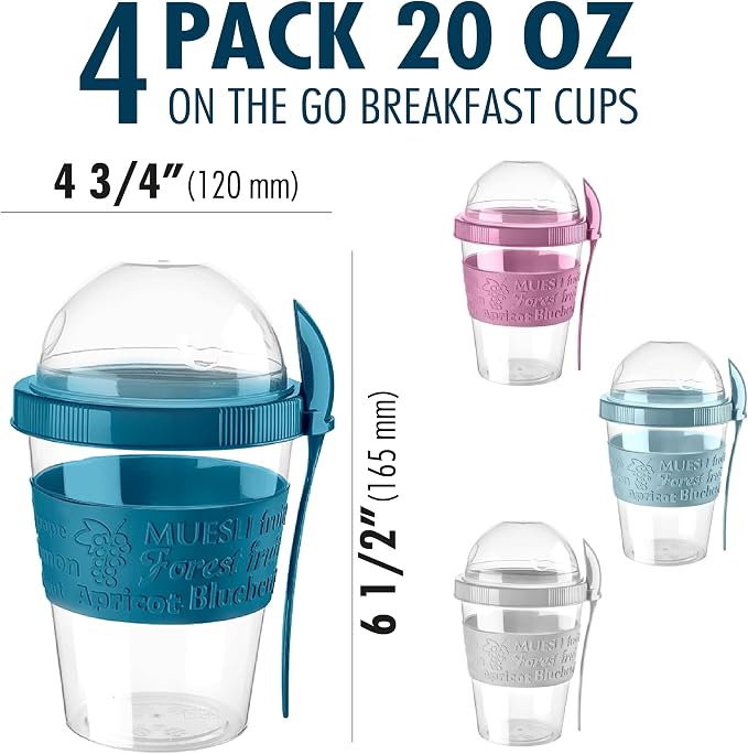 Hakan Overnight Oats Containers with Lid & Spoons, 4 Pack - 20 oz, Reusable Yogurt Parfait Cups with Topping Dome - BPA-Free Plastic Cereal & Fruit Cups to Go - Large Breakfast Jars for Work & School