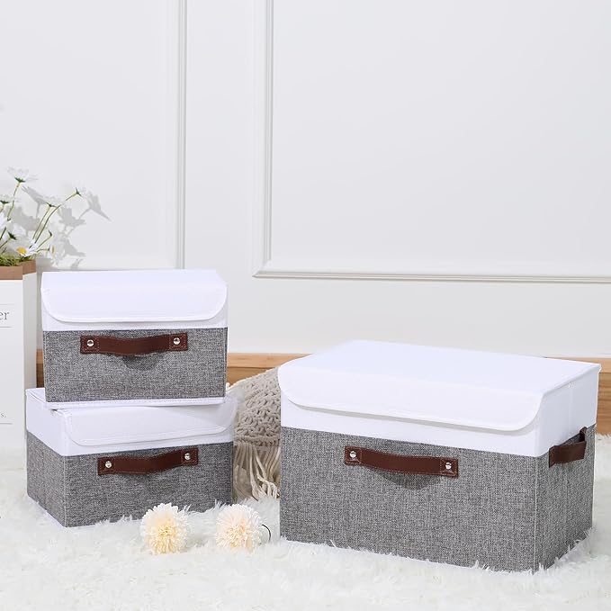 ANMINY Storage Boxes with Lids Washable Decorative Storage Bins Basket with PU Leather Handle Foldable Linen Fabric Storage Cubes Containers for Home Closet Organizer - Gray White, Medium