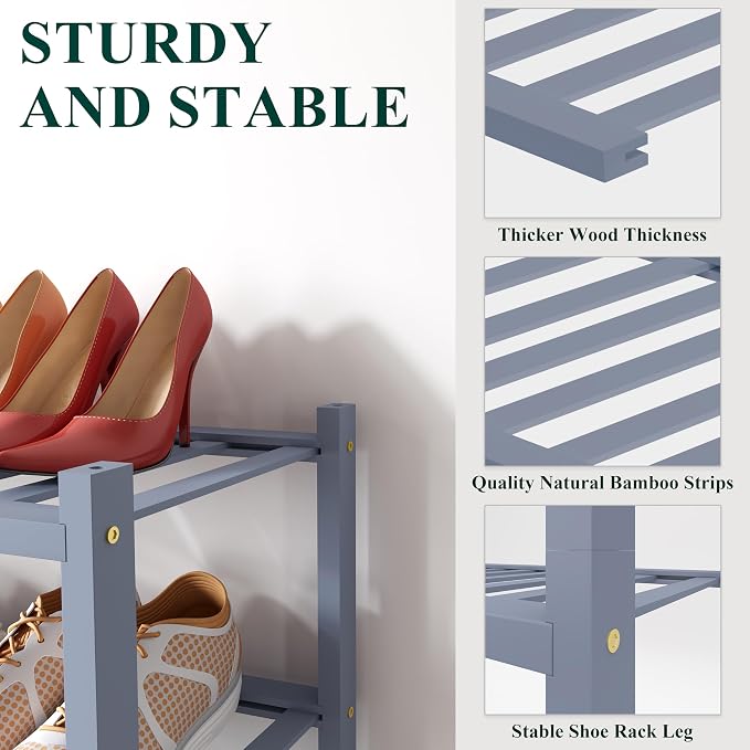 Smiry Bamboo Shoe Rack for Closet, 4 Tier Small Wooden Shoe Organizer, Stackable Wood Shoe Storage Shelf for Entryway, 14 Vertical Slats, 2+2 Stack Heavy-Duty Legs, 17.32"x11.02"x25.98", Grey