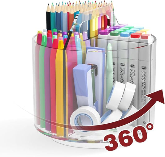Absonic Pencil Holder for Kids, 360 Rotating Pen Holder for Desk Organizer and Storage, 4 Compartments Art Supply Marker Organizer, Acrylic Kids Desk Organizer for School Lazy Susan Organizer