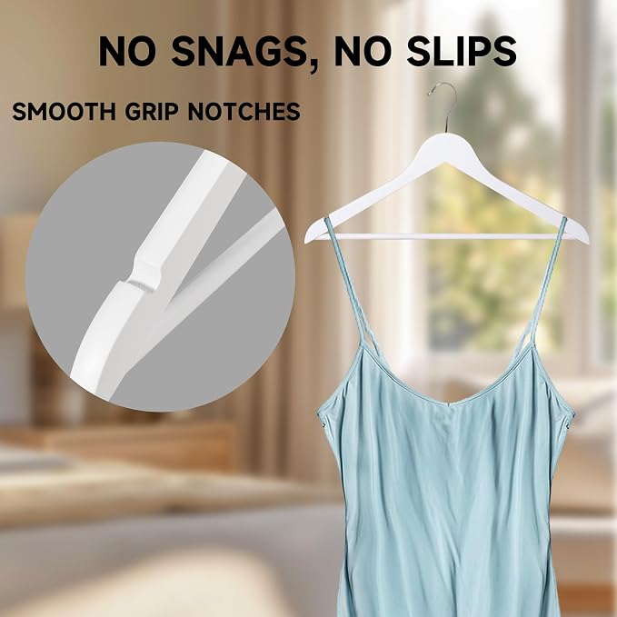 Quality Wooden Clothes Hangers, Solid Wood Suit & Coat Hangers with Pants Bars, Swivel Hook, Shoulder Notches, Heavy Duty Hangers for Shirts, Jackets, Dresses & Trousers(White/12-Pack)