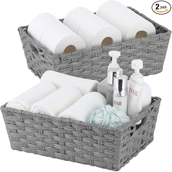 Onlytak Large Wicker Storage Basket, Metal Frame, Set of 2, Washable Waterproof, 15" x 10.3" x 5.2", Grey Color, Woven Basket for Pantry, Toilet, Bathroom, Bedroom, Patio