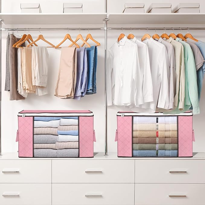 90L Large Storage Bags, 4 Pack Clothes Storage Bins Closet Organizers | Foldable Storage Containers, with Reinforced Handle, for Clothing, Blanket, Comforters, Bed Sheets, Pillows and Toys,Pink