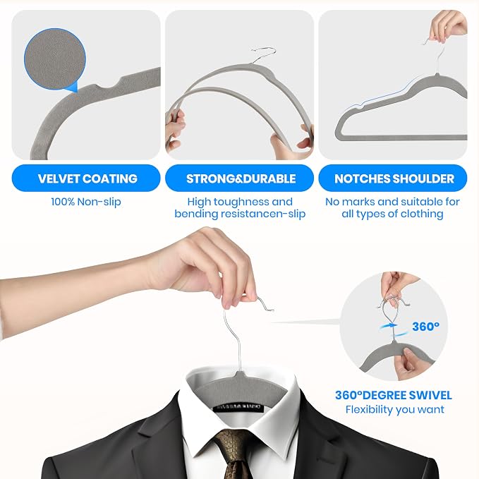 YSSOA Velvet Hangers 50 Pack, Non-Slip Clothes Hangers with Shoulder Notches, 360° Swivel Hooks, Heavy Duty Standard Hanger for Closet Space Saving, Grey