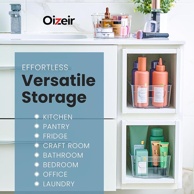Oizeir 8 Pack Clear Plastic Storage Bins with Handles – Stackable Fridge Organizer Bins for Refrigerator, Freezer, Pantry, Kitchen Cabinet & Cupboard Organization, BPA-Free Acrylic, Transparent