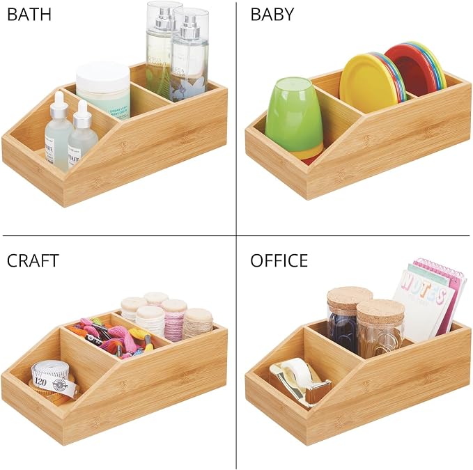 mDesign Bamboo Wood Compact Bathroom Storage Organizer Bin Box - 3 Divided Sections - Cabinets, Shelves, Countertops, Bedroom, Kitchen, Laundry Room, Closet, Garage - Natural/Tan