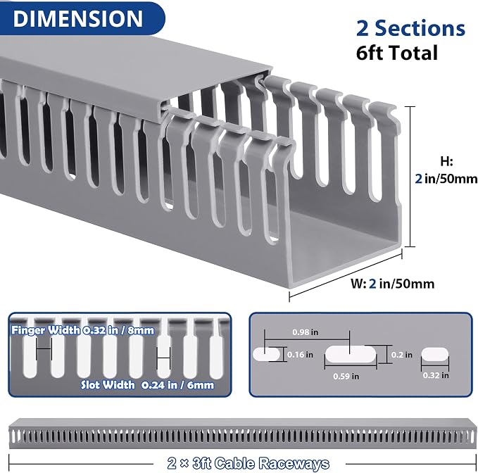 ZhiYo 2x2in Server Rack Cable Management Raceway, Cable Duct Kit, Electrically Safe PVC for Network Wire Management, Open Slot Cord Hider for Computer Under Desk, Grey