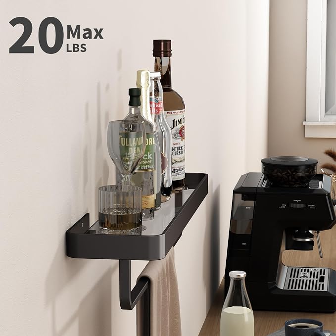 Danpoo 20 Inch Long Floating Bathroom Shelf with Towel Bar, Clear Tempered Glass Wall Shelf for Bathroom Storage Organizer, Matte Black