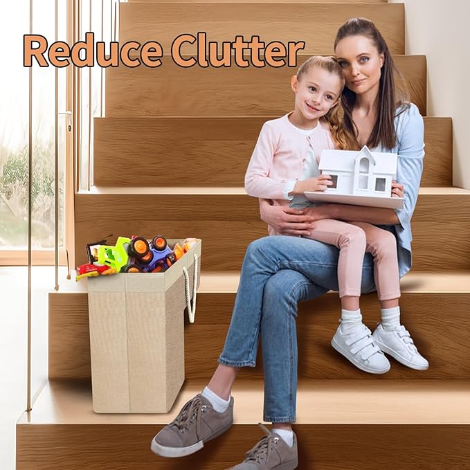 Stair Basket for Stairs with Handle, Staircase Baskets for Carpeted and Wooden Stairs,16" Step Storage Basket for Toys, Clothes, Books, Tools, with Hard Board, Anti-slip (1, Beige)