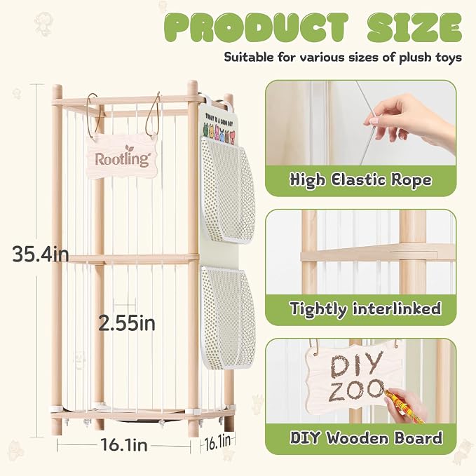 Stuffed Animal Storage & Organizer, 54 inch Tall Wooden Cute Zoo Toy Holder w/Building Block Storage Bag, Premium Wooden Material with Elastic Cord for Toddler Rooms, Playrooms (Small)