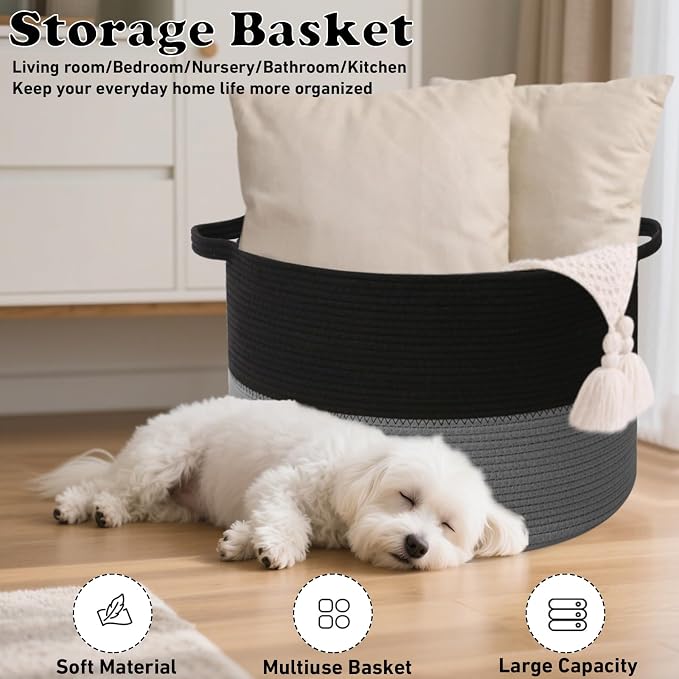 115L Large Blanket Basket,Woven Rope Laundry Basket Hamper with Handles, Decorative Nursery Basket Storage Bin for Toys, Clothes Organizer, Living Room, Bedroom, Bathroom, Black&Dark Grey