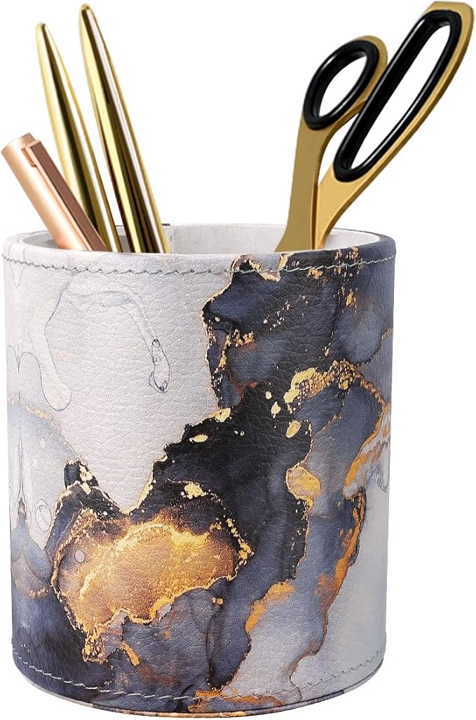 Large Capacity Colored Pen Holder for Desk, Leather Pencil Holder Pen Cup Marker Holder Makeup Brush Holders, Desk Accessories & Workspace Organizers for Home, Office, Gold Marble