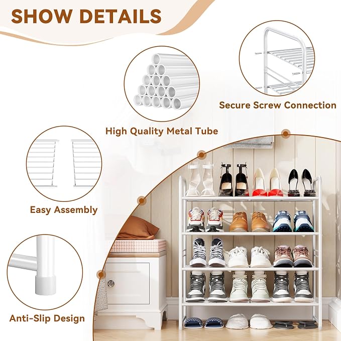 Simple Shoe Rack, 4 Tier Heavy Duty Metal Shoe Shelf 27 Inch Wide, White