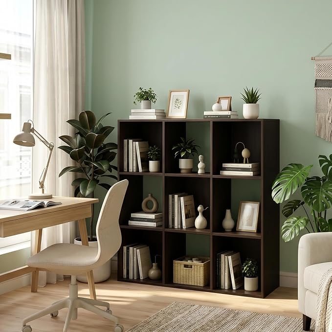 9 Cube Shelf with Anti-Tipping Kits + Reversible Open Back Bookcase, Multi Layer and Multi Grid Partition Layout (Chocolate 11in)