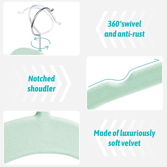 Sishynio Velvet Hangers 50 Pack – Slim Non-Slip Flocked Hangers with Notches, Space-Saving Closet Organizer for Dresses, Blouses, Coats(Green)