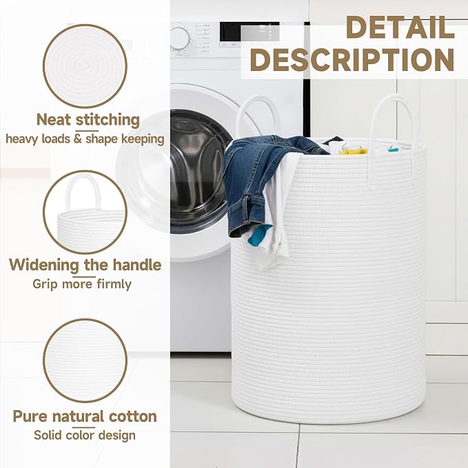 CLHMILY&Z Laundry Hamper Round Storage Rope Basket in Living Room, Bedroom, Laundry Room for Toy, Clothes, Blanket, Pillow (White, 80L)