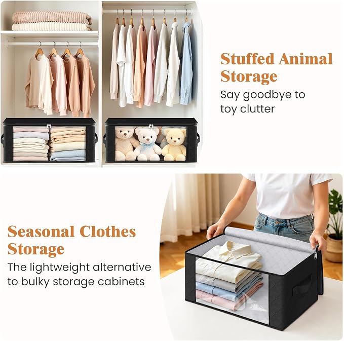 Fab totes 35L Closet Organizers and Storage, Foldable Under Bed Storage Containers, Storage bags for Organizing Bedroom, Closet, Clothing,Organization with Handle (3 Pack,Black)