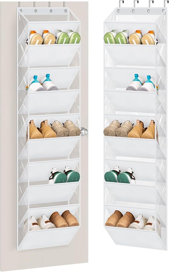 AOODA 10 Tier Clear Over the Door Shoe Organizer Storage, Deep Pockets Large Hanging Shoe Rack for Closet Door, Fit 20 Pairs Sneaker Holder Hanger for Boots (White)