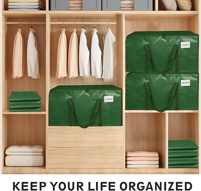 12 Pack-Extra Large Heavy Duty Moving Bags - Waterproof Storage Totes with Handles & Zippers, Foldable for College Dorm, Storage (olive green)