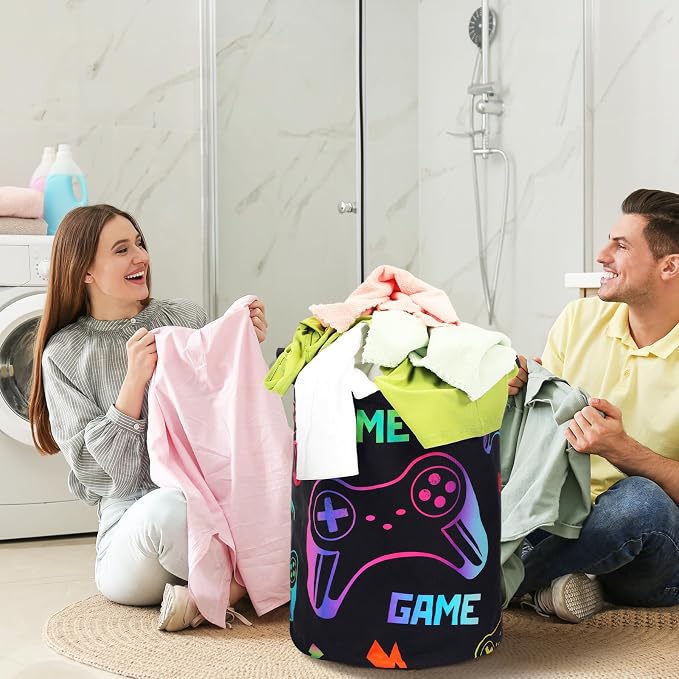 Zhehao 2 Pcs Gamer Laundry Basket Boys Kids Laundry Hamper Gamer Room Decor Gaming Storage Basket Hamper Clothes Organizer Nursery Toy Storage Bin for Gifts Bedroom Bathroom Decoration(Fresh)