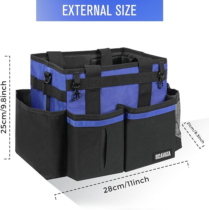 SCAVATA Compact Wearable Cleaning Caddy, Small Supplies Organizer with Handle & Shoulder Straps for Housekeepers, Under Sink & Car Cleaning Tool Organizer Bag (Blue)
