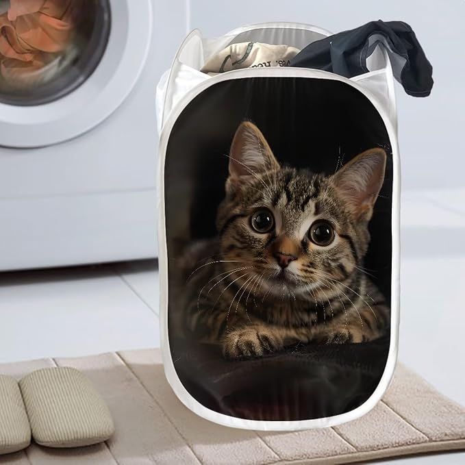 AFPANQZ 3D Cat Pattern Strong Mesh Pop-up Laundry Hamper Collapsible Laundry Baskets with Side Pocket Steel Frame Easy to Open and Fold Flat for Clothes Storage