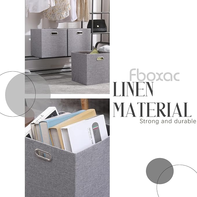 Collapsible Organization Basket Fabric Foldable Box with Handles, 13x13 Cube Storage Bins Set of 4, Thick and Heavy Duty Storage Baskets for Shelves Bedroom Livingroom,Gray