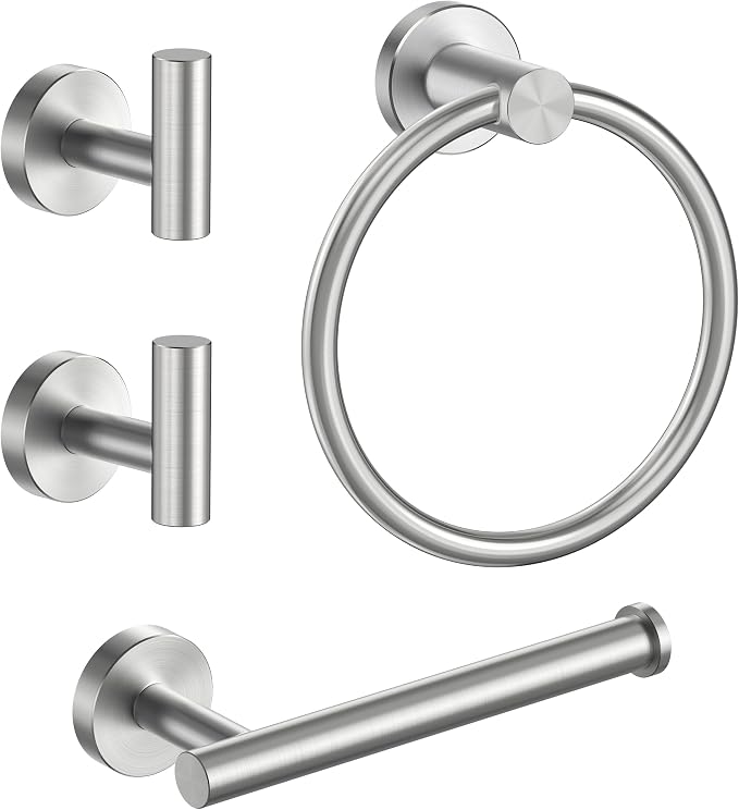 FORIOUS 4 Piece Bathroom Accessories, SUS304 Stainless Steel Toilet Paper Holder, Towel Ring and 2 Towel Hooks, Wall Mounted Bathroom Hardware Set (Brushed Nickel)