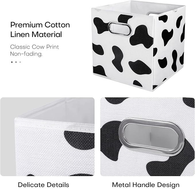 ANMINY Cow Print Cube Storage Bins with Handles, Washable, Collapsible | Cotton Linen Fabric, PP Plastic Board, Animal Print Decor, Storage Basket for Closet Shelf, 11 x 11 x 11 Inch, 2PCS