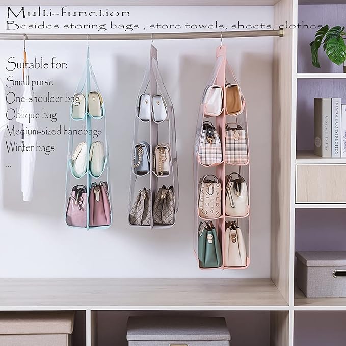 MURRI&MURRDI 1 Pack Hanging Handbag Organizer for Closet, Purse Storage Holder with 8 Easy Access Clear PVC Pockets, Purse Hanger for Wardrobe Space Saving Hanging Bags (Gray)