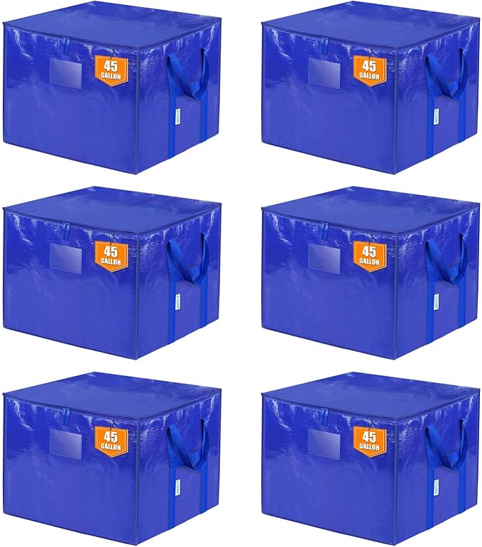 TICONN 6 Pack Extra Large Moving Bags with Zippers & Carrying Handles, Heavy-Duty Storage Tote Moving Boxes for Space Saving (6 PK, 45 Gallon)