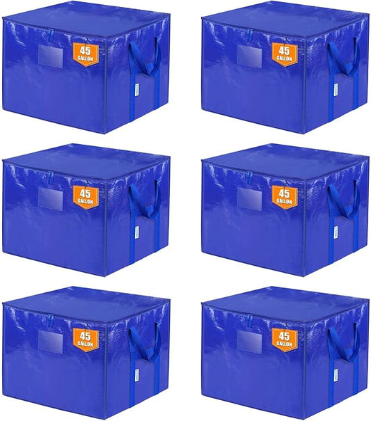 TICONN 6 Pack Extra Large Moving Bags with Zippers & Carrying Handles, Heavy-Duty Storage Tote Moving Boxes for Space Saving (6 PK, 45 Gallon)