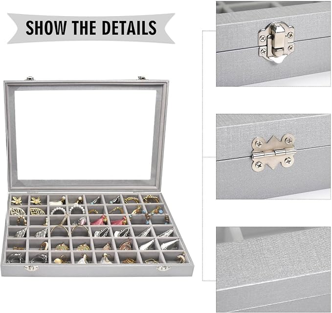 Siveit Jewelry Tray Organizer Box 48 Grid Jewelry Display Organizer Box with Transparent Lid Rings Earrings Necklaces Pendants Display Box Suitable for Women and Girls (48 Grid, Silver Grey)