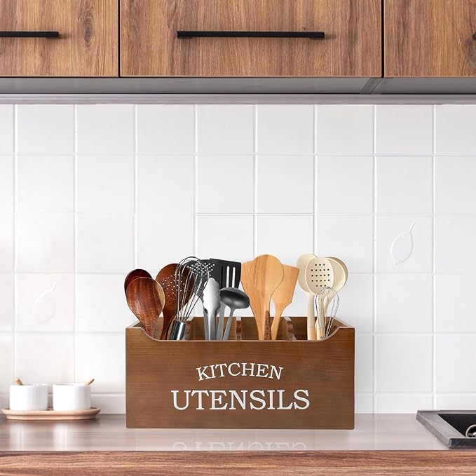 Kitchen Utensil Holder with Drainage Bottom, Extra Large 4 Compartments Solid Real Wood Utensil Organizer for Kitchen Counter, Farmhouse Cooking Tools Storage for Countertop, Brown