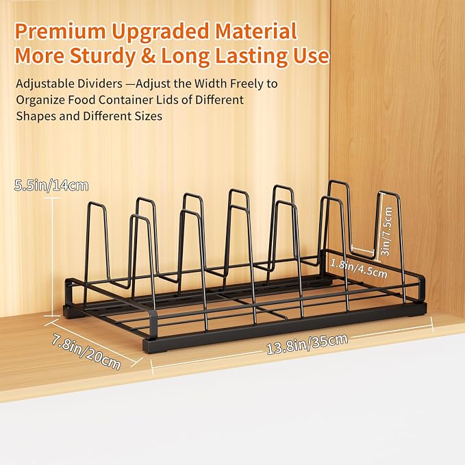 Food Container Lid Organizer for Cabinet with 6 Adjustable Divider | Metal Detachable Pot Lid Organizer,Lid Storage Organizer for Plastic Lids Pots Cookie Sheets for Cabinets,Cupboards,Drawer
