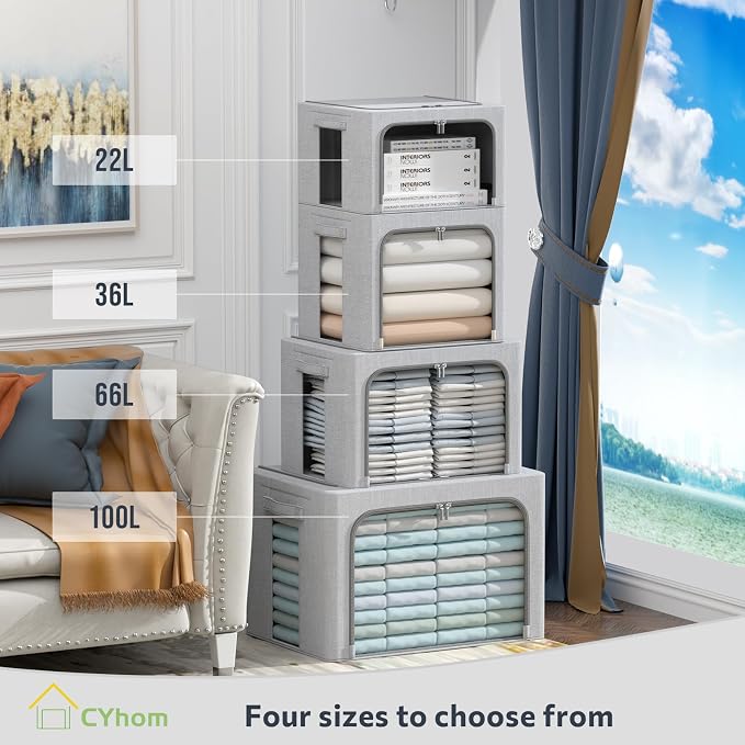CYhom Clothes Storage Bins Box - Foldable Stackable Container Organizer Set with Clear Window & Carry Handles & Metal Frame - 2Pack Large Capacity for Bedding, Blankets, Books
