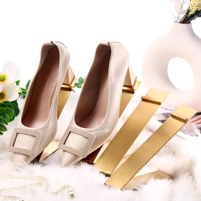 Therwen 4 Pcs Gold Shoe Display Stand Shoe Rack Stainless Steel Golden Metal Riser High Heel Display Rack Holder for Home Shopping Malls (Shape V,Golden)