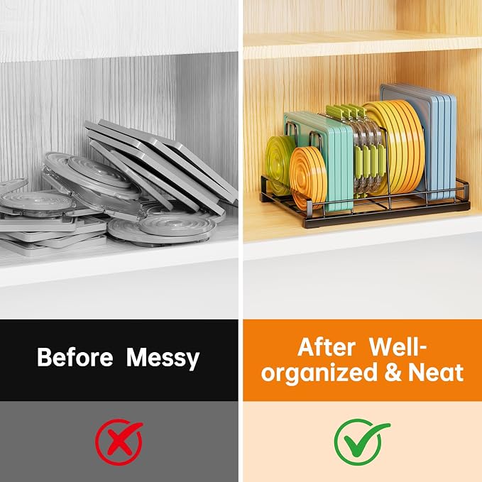 Lid Organizer for Inside Cabinet, Metal, 11" X 7.87" | Food Container Lid Organizer, 5 Adjustable Dividers, Lid Storage Organizer for Kitchen,Cupboard, Cabinets, Pantry, Drawers