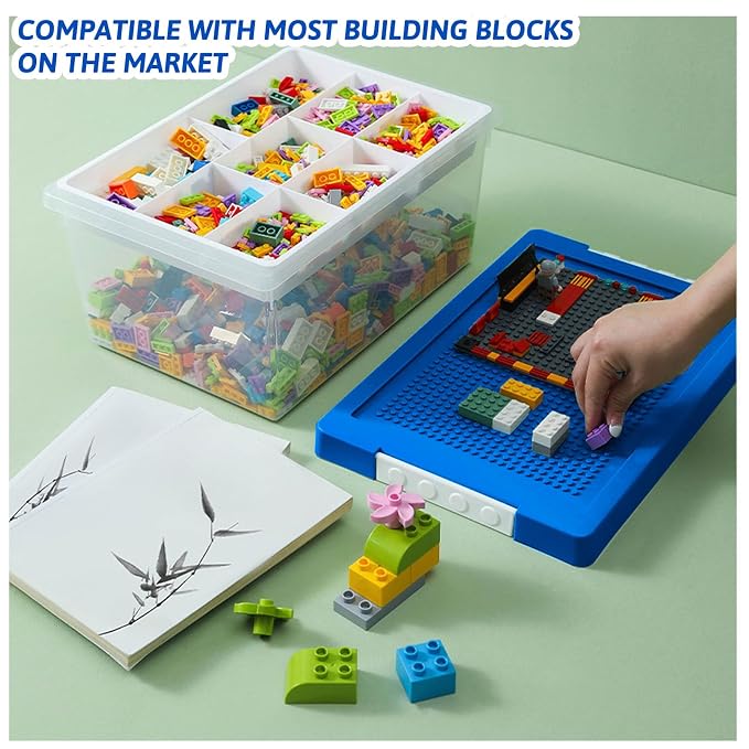 Plastic Storage Bins with Lids - 1 Set Stackable Arts Crafts Organizer Box with Removable Divided Tray &Compatible Building Baseplate,Toy Chest Containers for Bricks -Blue(14.37"x9.64"x6.69")