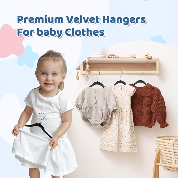 Smartor Premium 11 Inch Baby Hangers 50 Pack, Kids Velvet Hanger, Non Slip | Black Space Saving Felt Hangers Clothes Organizers for Closet with 360° Swivel Hook for Children, Infant & Toddler