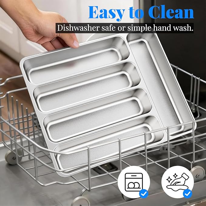IKOCO 2-Pack Silverware Organizer, Stainless Steel, Dishwasher Safe | Each: 13.8" x 11.4" x 1.6", Rust-Resistant & Non-Absorbent, 5-compartment, Holds Spoons/Forks/Knives, Fits Standard Drawers