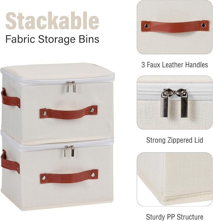 Storage Bin Box with Zippered Lid Cotton Linen Fabric Decorative Basket with PU Leather Handles PP Plastic Board Foldable Lidded Clothing Shelf Closet Organizer Container (Beige, Small)
