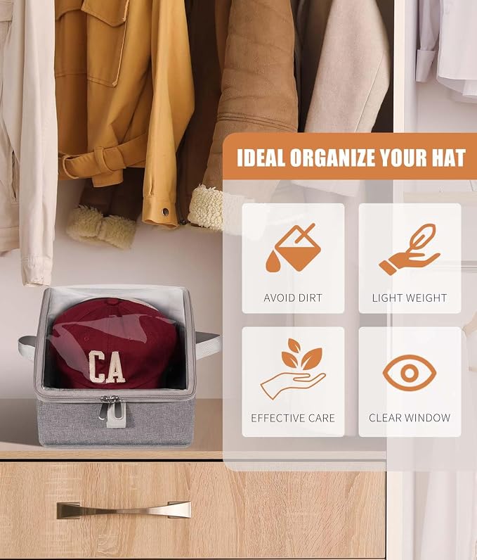 Livelab Hat Organizer for Baseball Caps, Hat Storage Holder Container for Closet Hold Up to 24 Caps with Clear Window, Hat Boxes for Home Storage | 2Pcs Grey